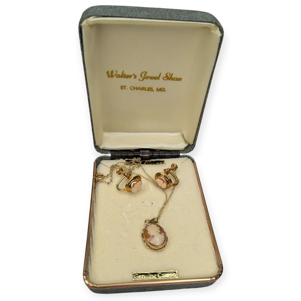 VNTG BOJAR 12k Gold Filled Cameo Necklace & Twist On Earrings Set Original Box